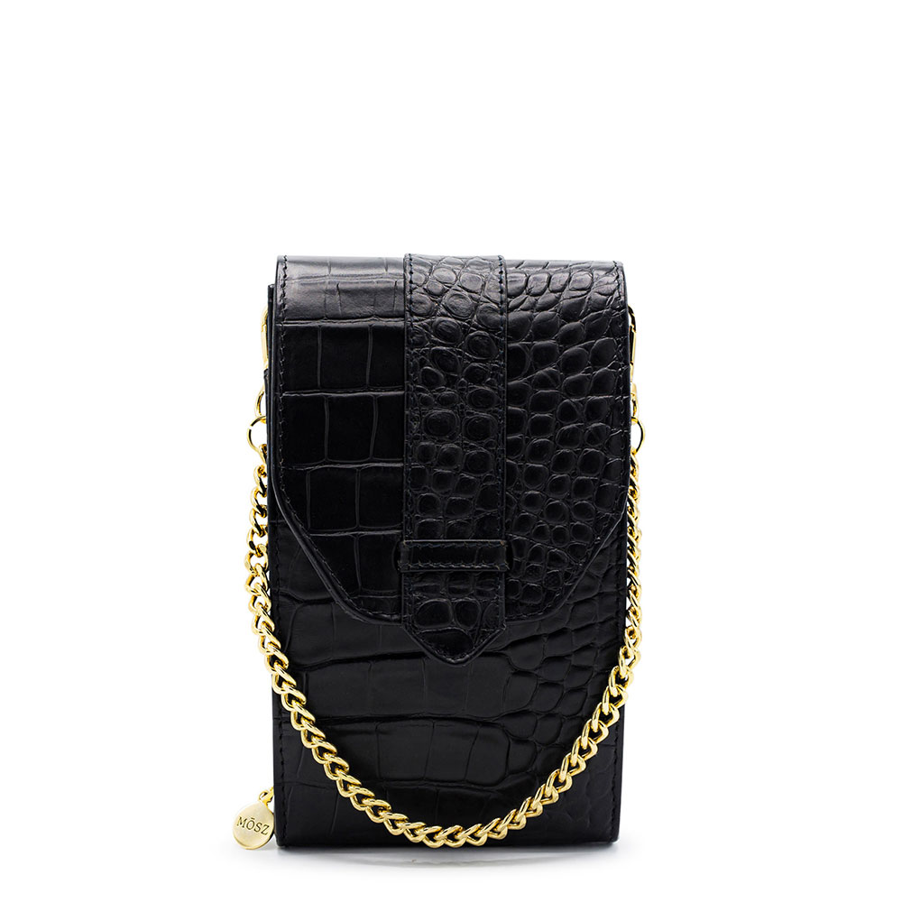 MOSZ Telefoontasje Croco Black Shiny Light Gold